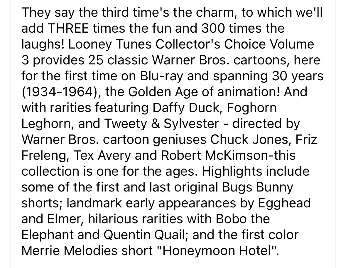 daveleedwnundr's tweet photo. The @WarnerArchive is back at it again! Thanks to your incredible support, a third volume of ‘Looney Tunes: Collector’s Choice’ is headed to Blu-ray on March 12th!! Another collection of 25 newly restored, completely new to Blu-ray cartoons headed for our way!! (Full list below) https://t.co/09nuBqMbtS