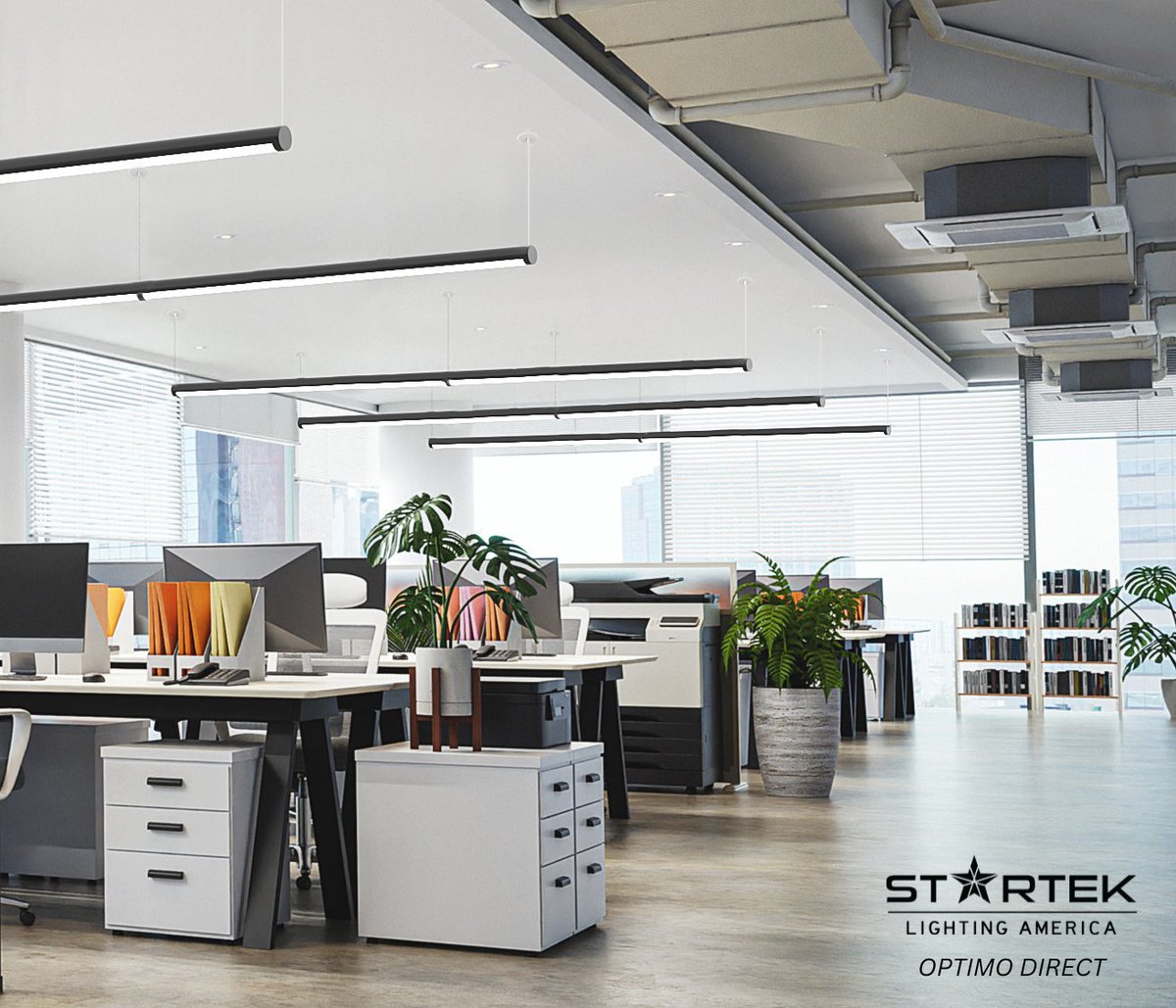 A modern office space isn't complete without a perfect lighting fixture to match! Check out StarTek's website and take the next steps towards modernization with our Optimo Direct. #WorkspaceGoals #InteriorDesign #LightingFixture #OptimoDirect #OfficeDesign #OfficeUpgrade