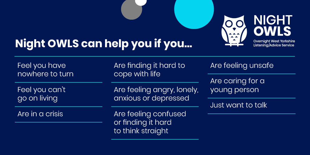 NightOWLS is for every child or young person, including neuro-diverse people, who are experiencing a mental health crisis at night. Open 8pm - 8am every day.

Call free, text or online chat at wynightowls.org.uk this #WMHD23