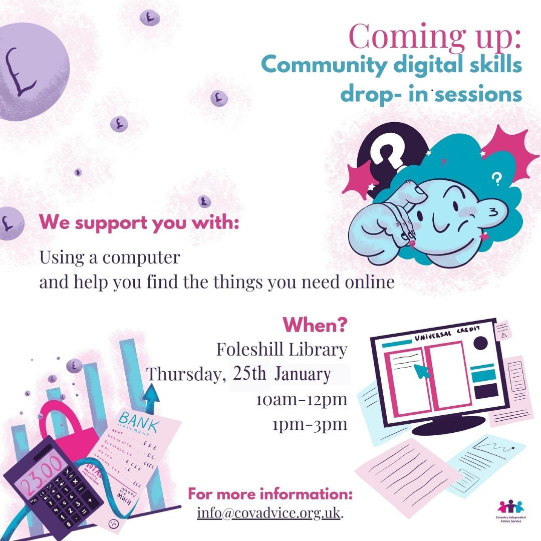 CovAdvice's tweet photo. Coming up on Thursday 25th January, our first community digital skills session of 2024, we'll be helping people with online resources that can help with budgeting, managing money and we'll also be handing out our Help with Energy packs.
#Coventry
#CommunityDigital
#CovConnects https://t.co/tQ7mF8VYXz
