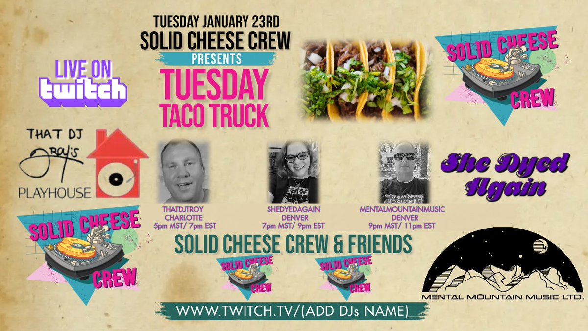 ThatDJTroy's tweet image. twitch.tv/thatdjtroy I am SUPER Excited to be playing in my Solid Cheese Crew Fam's 'Tuesday Taco Truck.' I'll kick off this Raid Train beginning at 7PM East. I hope YOU will join me in The Playhouse!
#openformat #openformatdj #housemusic #funkyhouse #jackinhouse #classichouse