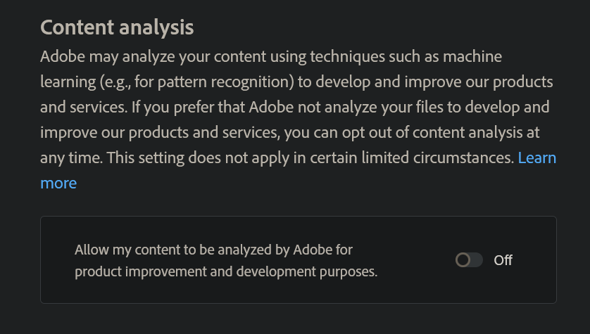 ninehydras's tweet photo. Adobe wants to take YOUR work without your consent! They just snuck this toggle into everyone's account settings and set it "on" be default 🚨 shit should be fucking illegal. RT and share please

ADOBE ACCOUNT > Account and Security > Data and Privacy Settings > Content analysis https://t.co/apkn77Ovqe