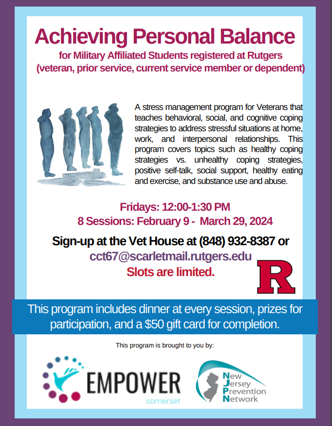 RuVeterans's tweet photo. Join fellow military-affiliated students as they strive to achieve personal balance with this stress management program. 
Email Claire Thompson at cct67@scarletmail.rutgers.edu to register.
Every Friday 2/9 - 3/29,12pm - 1:30pm @ the Vet House! https://t.co/xTC10XFxXn