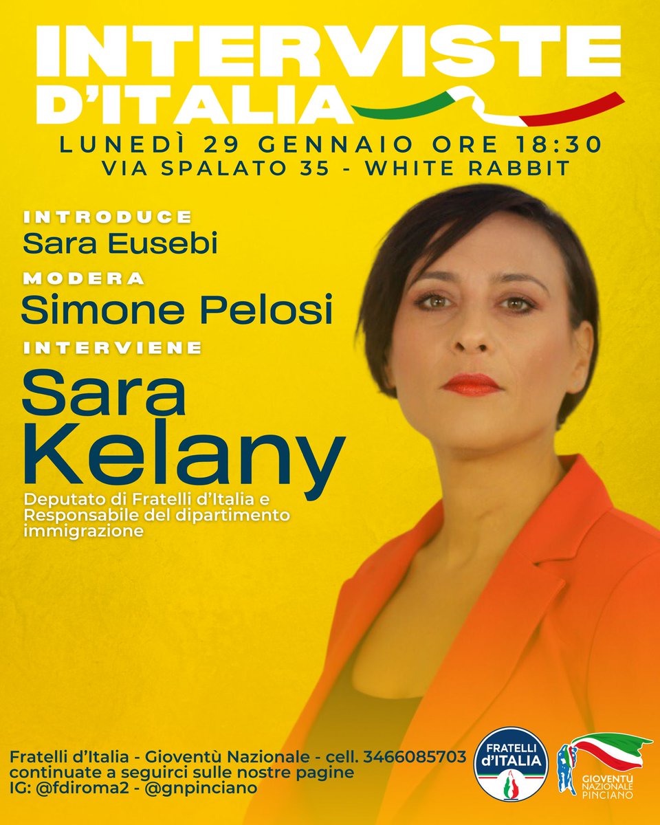 catedago's tweet photo. Interviste d'Italia con l'oronevole Sara Kelany #Fratelliditalia #fratelliditaliaroma #gnpinciano @simopelosi @PaceFlaminia @SaraKelany_ https://t.co/gbORpU5mYd