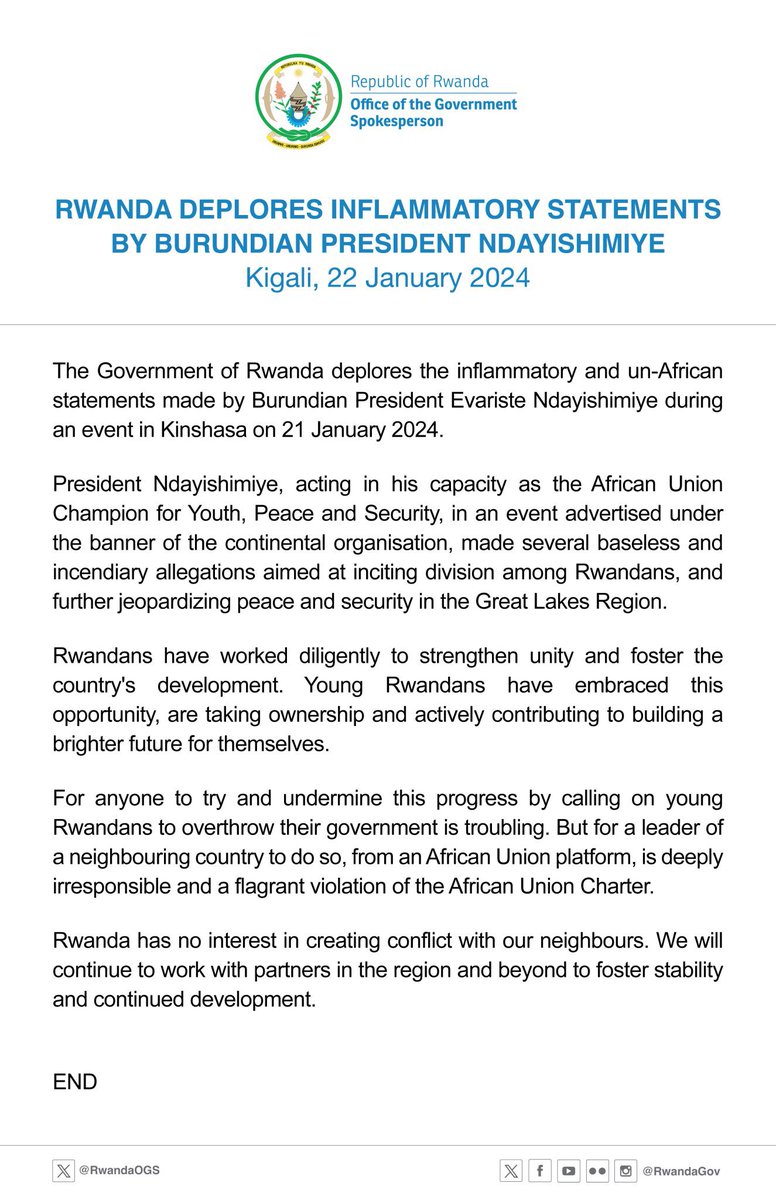The Government of #Rwanda has ‘deplored inflammatory statements’ made by Burundian President Evariste Ndayishimiye. 

"Calling on young Rwandans to overthrow their government is troubling," reads part of a statement released on Monday, January 22.