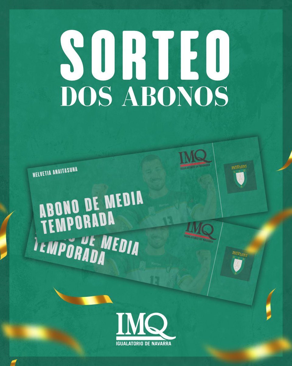 SORTEO | Consigue dos abonos de media temporada gracias a IMQ, nuestro seguro de asistencia sanitaria.

▪︎ Like y RT
▪︎ Sigue a <a href="/IMQnavarra/">IMQ Navarra</a>
▪︎ Sigue a <a href="/AnaitasunaBM/">ANAITASUNA</a>
 
Puedes participar hasta el jueves 1 de febrero a las 12 horas. ¡Mucha suerte!