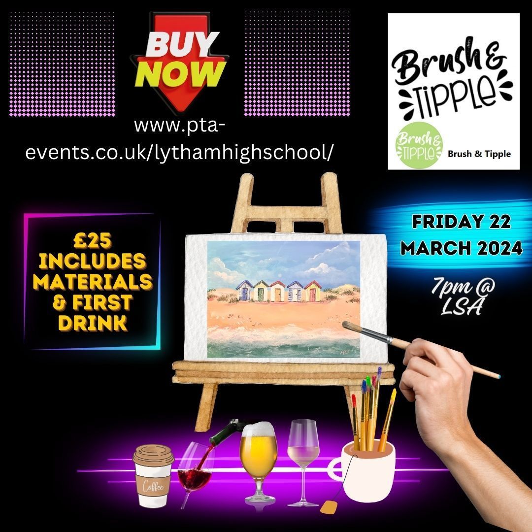 Tickets are now on sale for a Brush &amp; Tipple event at Lytham High School on Friday 22 March 2024 starting at 7pm in the new Dining Hall.
Tickets are available for our PTA Events website from £25pp each buff.ly/3u8SPxu