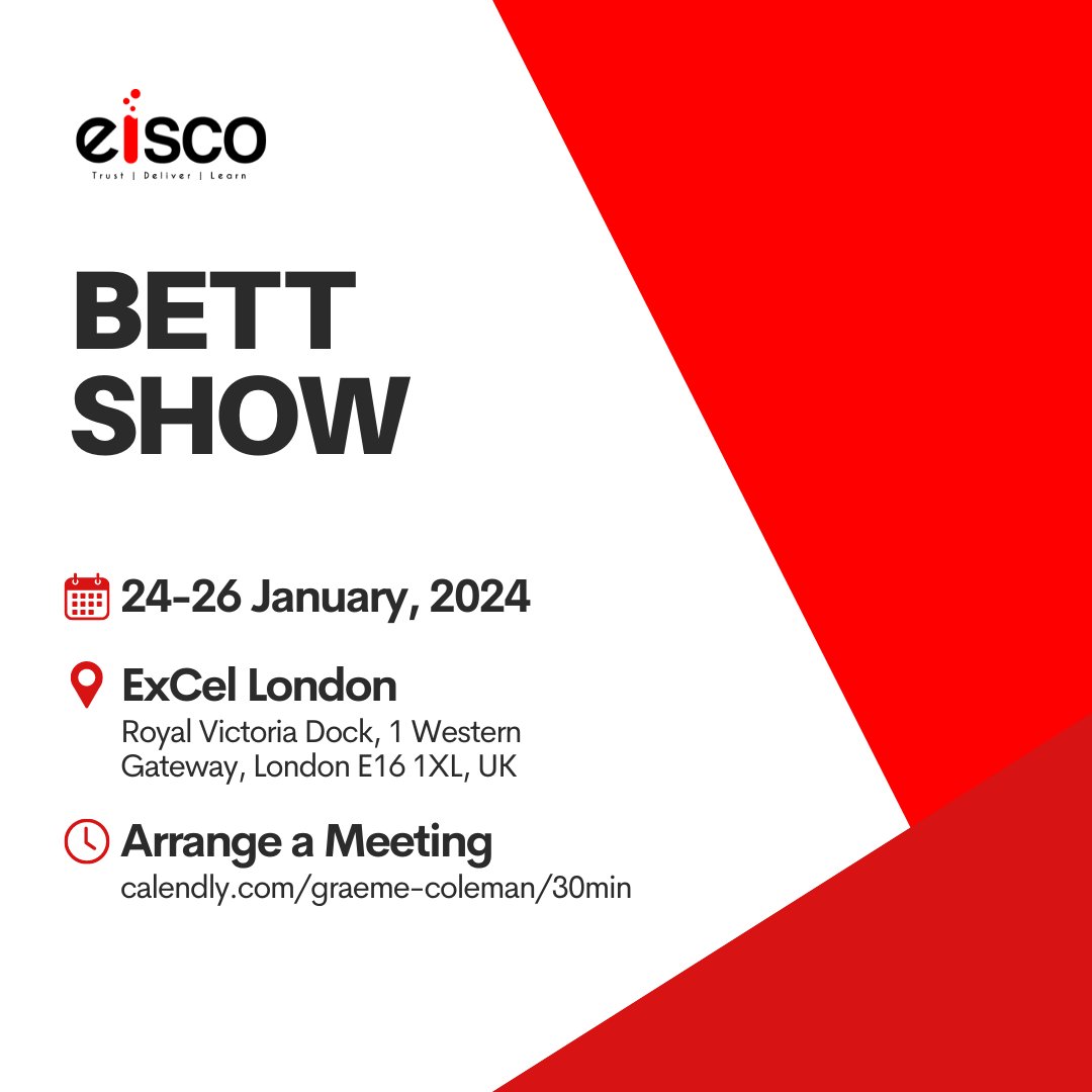 Eisco will be at the BETT Show in London from January 24-26! 

To schedule a meeting with Graeme and Sumit, please visit: calendly.com/graeme-coleman…

#EiscoScientific