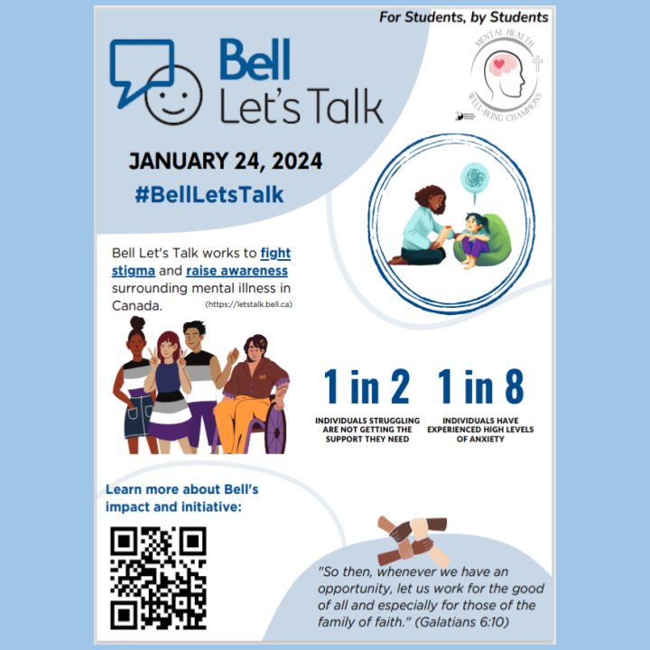 January 24 is #BellLetsTalk Day. Thanks to the <a href="/DPCDSBSchools/">Dufferin-Peel Catholic District School Board</a> Student Mental Health and Wellbeing Champions for this resource. Staff can download the poster from the WB SharePoint.  dpcdsborg.sharepoint.com/sites/DPCDSBWe…