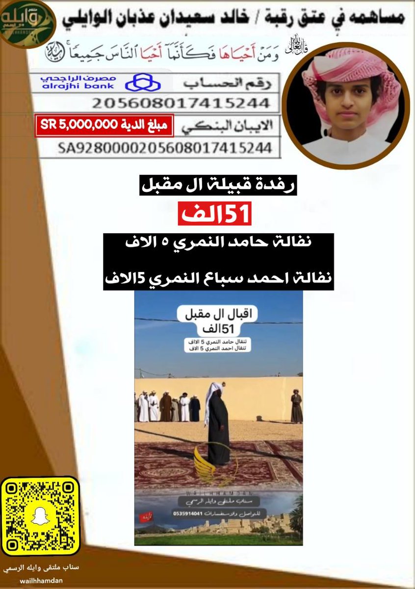 SnapWailh711's tweet photo. مشاركة في #_عتق_رقبة_خالد_عذبان
من قبيلة آل مقبل وايله 
مبلغ 51,000 ريال
ونفاله من حامد النمري 5000
ونفاله من أحمد النمري 5000
بيض الله وجيههم وجعلها الله في موازين حسناتهم 
#نجران_الان
#ملتقى_وايله_الرسمي https://t.co/x6hhX9b74J