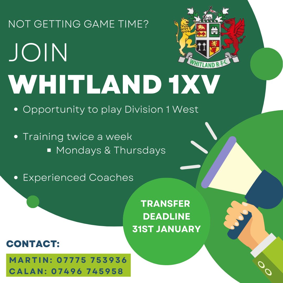🟢 WHITLAND 1XV 🟢 

Not getting game time? 
Why not join WHITLAND 1XV? 

Contact Martin/Calan for more information! 

🙌 PLEASE SHARE 🙌