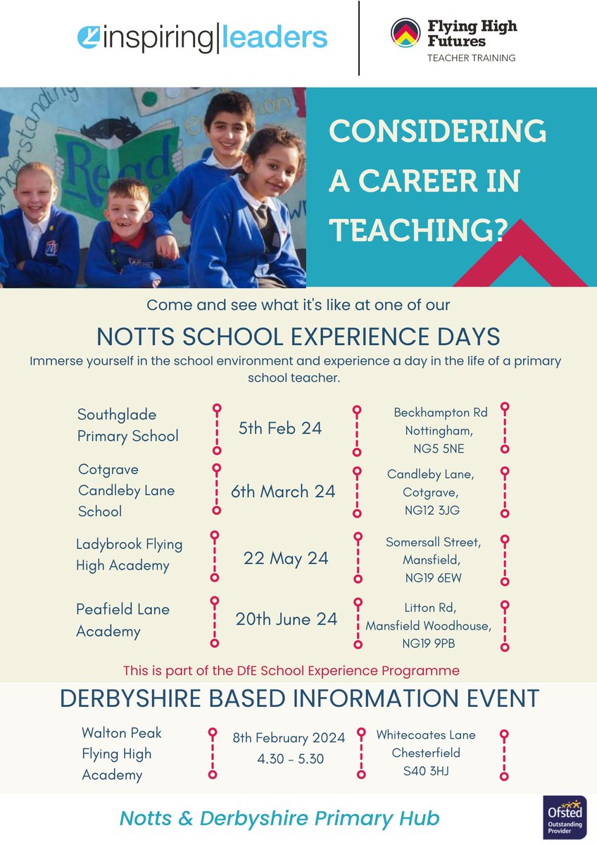 📣 Are you looking for a rewarding career in teaching? Book onto an <a href="/ILSCITT/">Inspiring Leaders Teacher Training</a> <a href="/FHteachtraining/">Flying High Teacher Training</a> school experience day in one our fabulous Partners... <a href="/candleby/">Candleby Lane</a> <a href="/PeafieldLane/">Peafield Lane</a> @FHALadybrook <a href="/WaltonPeakFHA/">Walton Peak Flying High Primary and Nursery Acad</a>
bit.ly/schoolexperien…

#teaching #SCITT #ITT #edutwitter #jobswithpurpose