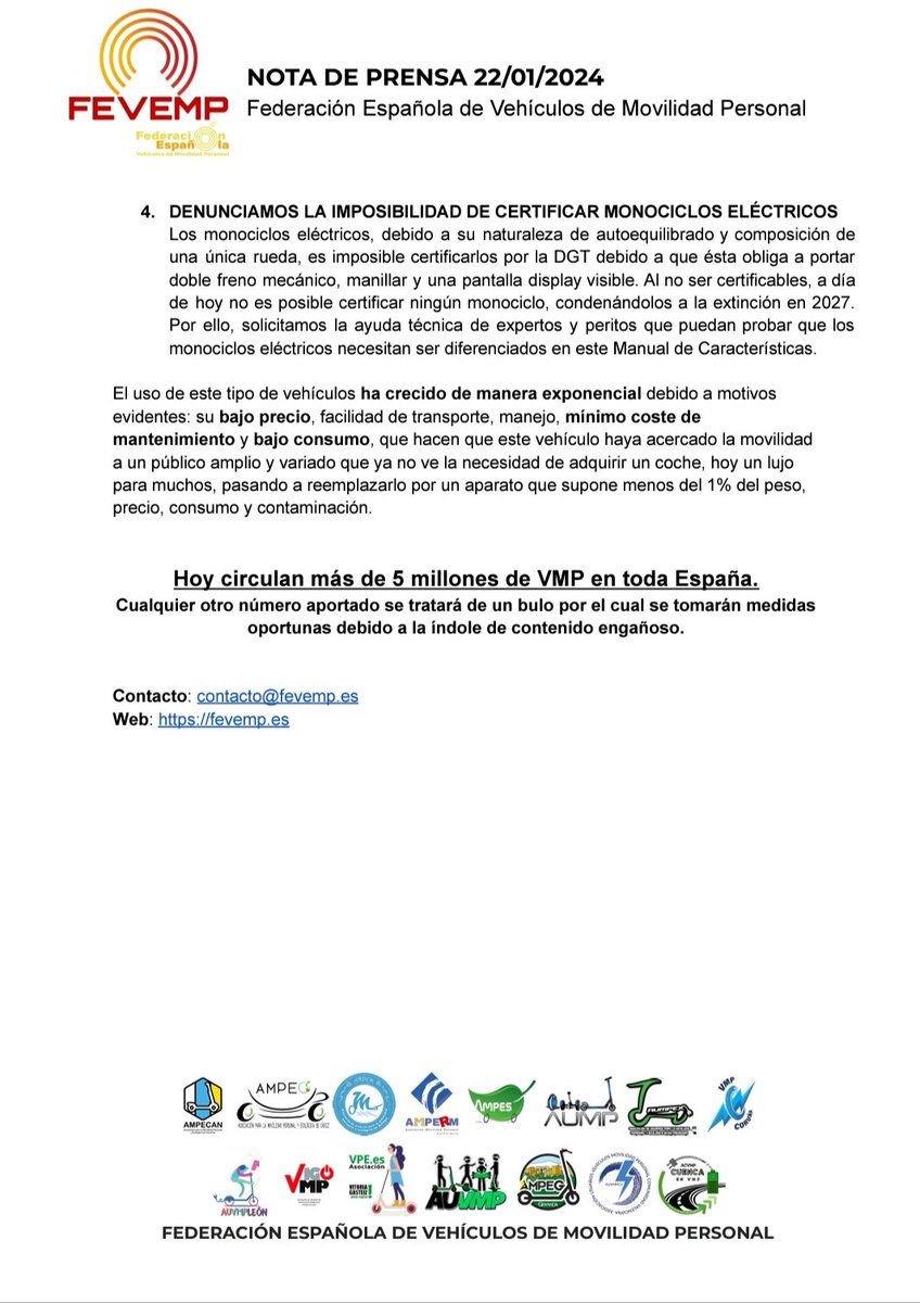 Compartimos la nota de prensa publicada por la federación de asociaciones de usuarios de #VMP, a la que pertenecemos, para aclarar dudas sobre el certificado que deben tener los #VMP que se vendan a partir de mañana.