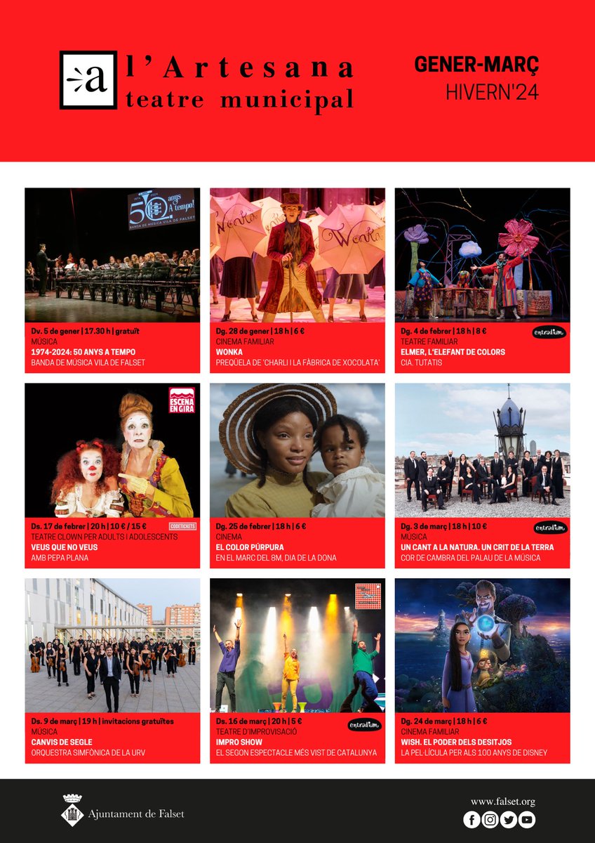 🙌Després de les festes, L’Artesana reobre el teló amb una nova programació d’hivern!

👉La 25a temporada té propostes de cinema, teatre i música per a tots els públics.

🎟️Venda d’entrades anticipades a l’Ajuntament i a Entradium.com i Codetickets.com.
