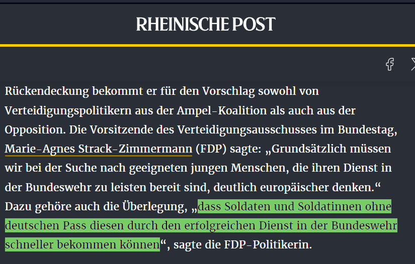 Jakob_Reimann's tweet photo. Was tun, um dem Personalmangel in der #Bundeswher zu begegnen?
Menschen ohne deutschen Pass sollten künftig angeworben werden und nach "erfolgreichem Dienst" bevorzugt eingebürgert werden, meint FDP-Verteidigungs-Chefin @MAStrackZi.
Kanonenfutteroutsourcing, Quid pro quo. https://t.co/wwh9P81xLQ