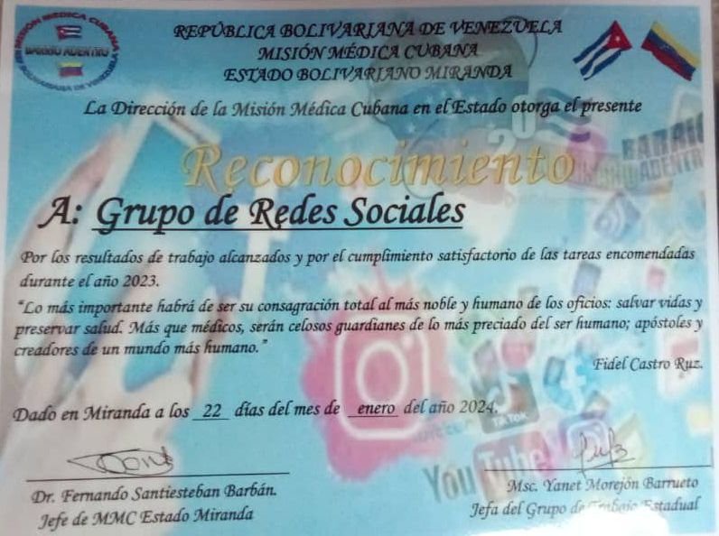 Merecido reconocimiento al Grupo de Redes Sociales del Estado Miranda 🇻🇪 por su entrega consagración y dedicación en la divulgación del trabajo de la MMC en el Estado. #EstaEsRevolución 
#MartíVive 
#CubaPorLaVida
<a href="/CubaMir_Ven/">Brigada Médica Cubana Estado Miranda</a> 
<a href="/DrYusleivy/">Dr. Yusleivy Martínez</a> 
<a href="/MINSAPCuba/">Ministerio de Salud Pública de Cuba</a>