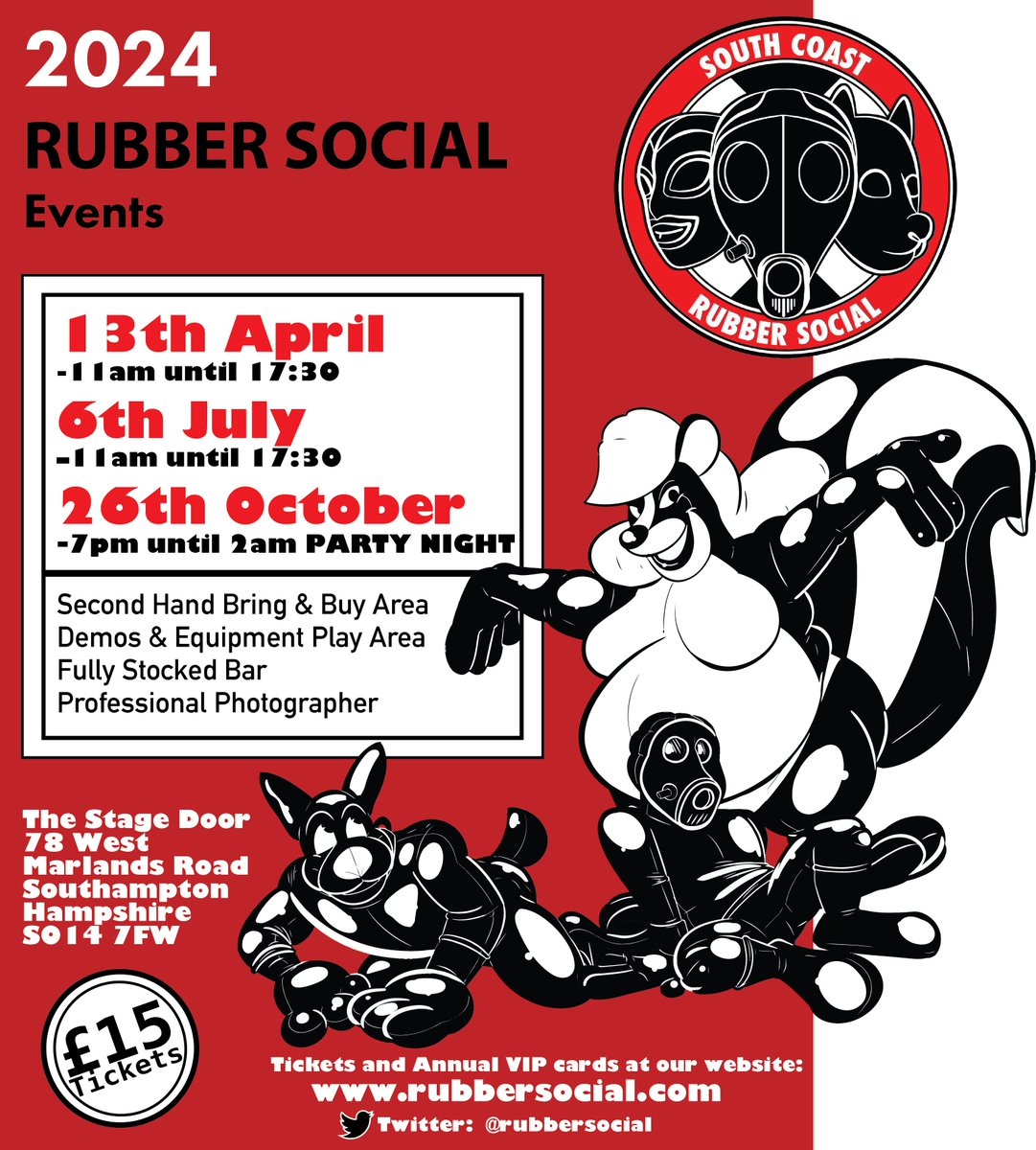 Our 2024 dates are here! Another year of squeaking, stretching and shining in Southampton and you should totally come join us! tickets up soon with all needed information on rubbersocial.com/about/ 
hope to see you all shining your stuff this year! 🖤