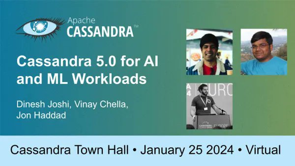 Cassandra 5.0 is designed for the demands of AI and ML workloads. You can learn how from a panel of community experts at this week's virtual Town Hall. Jan 25 at 8 am PT Register now: meetup.com/cassandra-glob… #NoSQL #ApacheCassandra