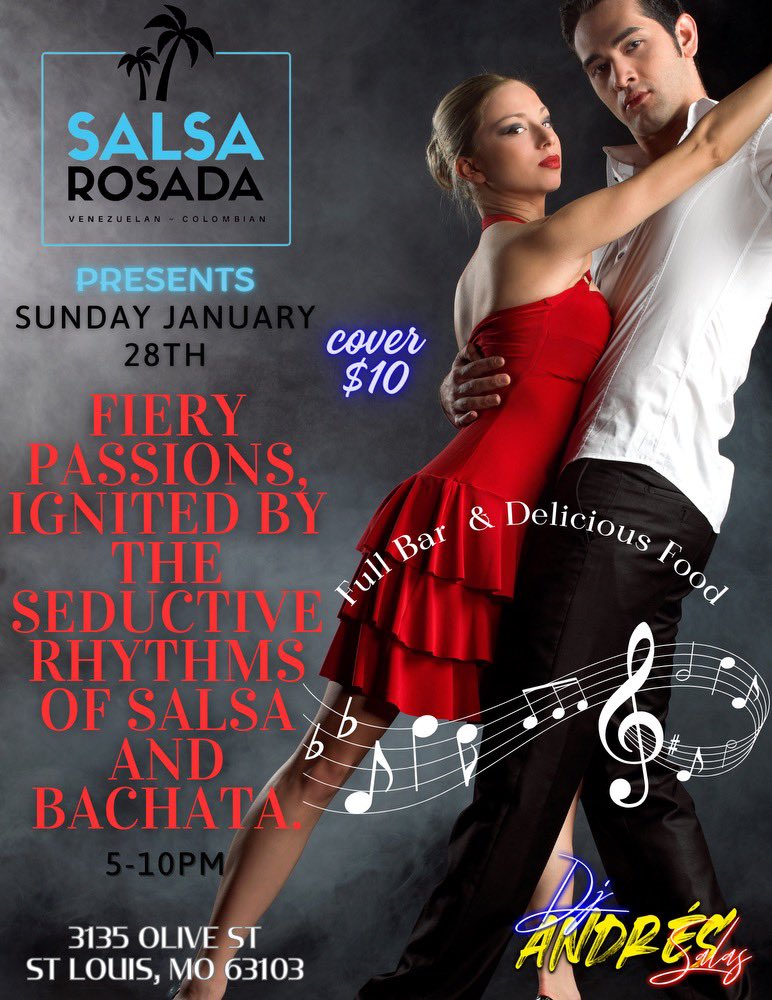 Salsa and bachata at Salsa Rosada this Sunday night 5:00-10:00. All skill levels. Food and full bar available.