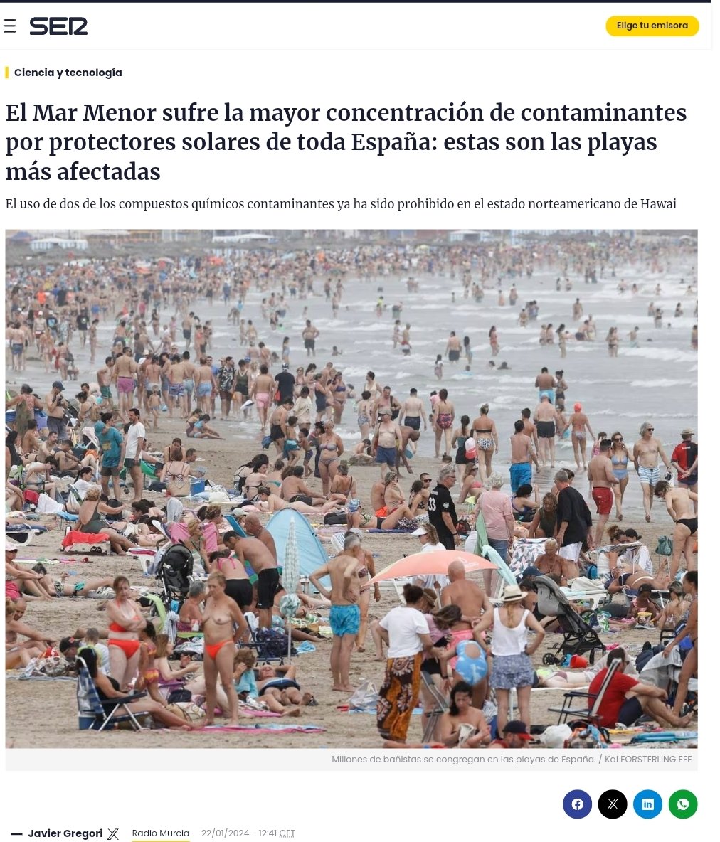 agroIngMarMenor's tweet photo. Nos hacemos eco de este estudio del año 2023. 

"De las 46 playas analizadas n la península,las muestras recogidas en las playas del #MarMenor contenían la mayor variedad y concentración de estos compuestos químicos."

Esto confirma la multifactorialidad de los problemas del MM.. https://t.co/EfS6oBezFU