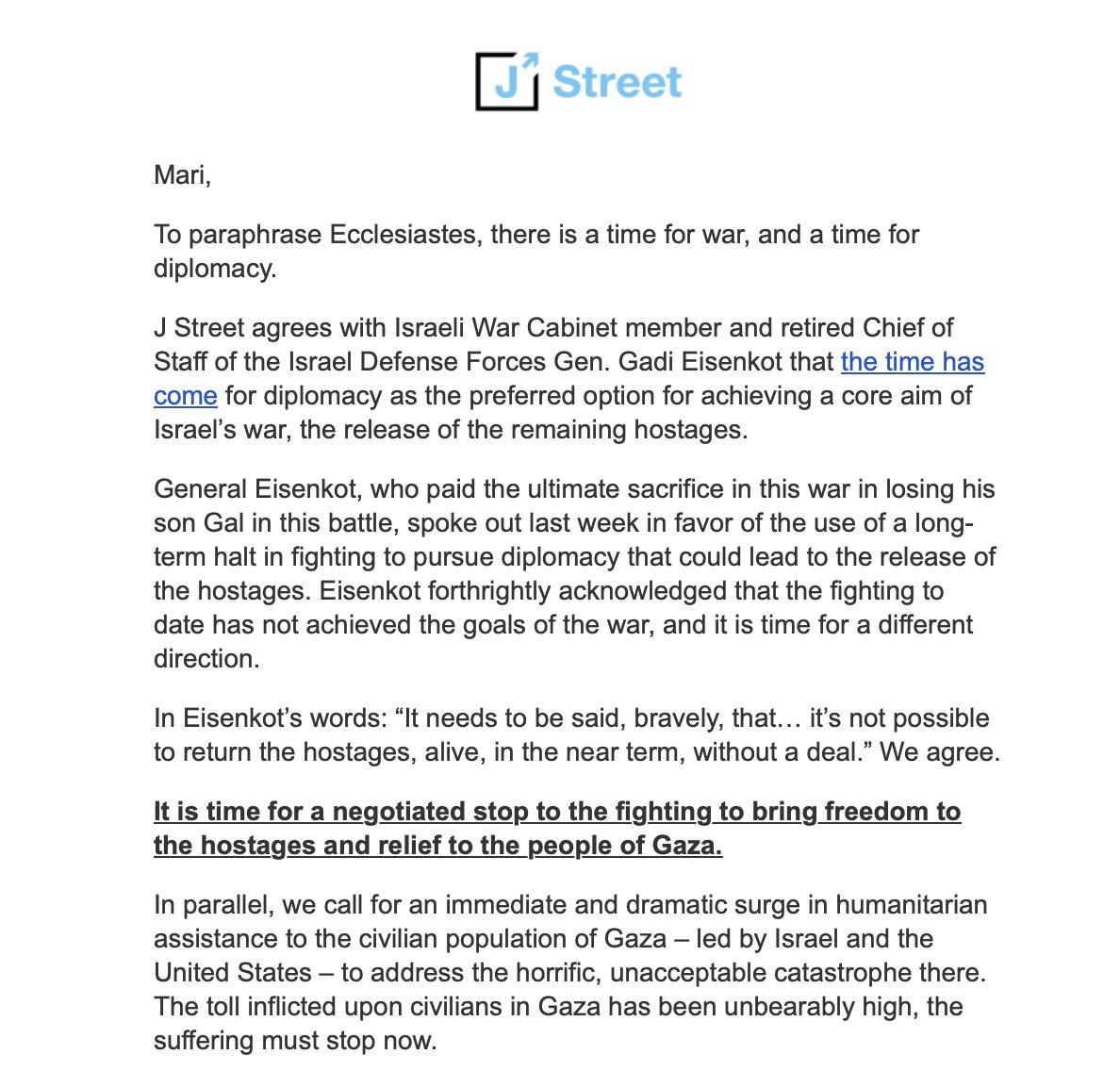INBOX: J Street now calling for an end to the war on Gaza. The million dollar question, of course, is what took them so long to get here.