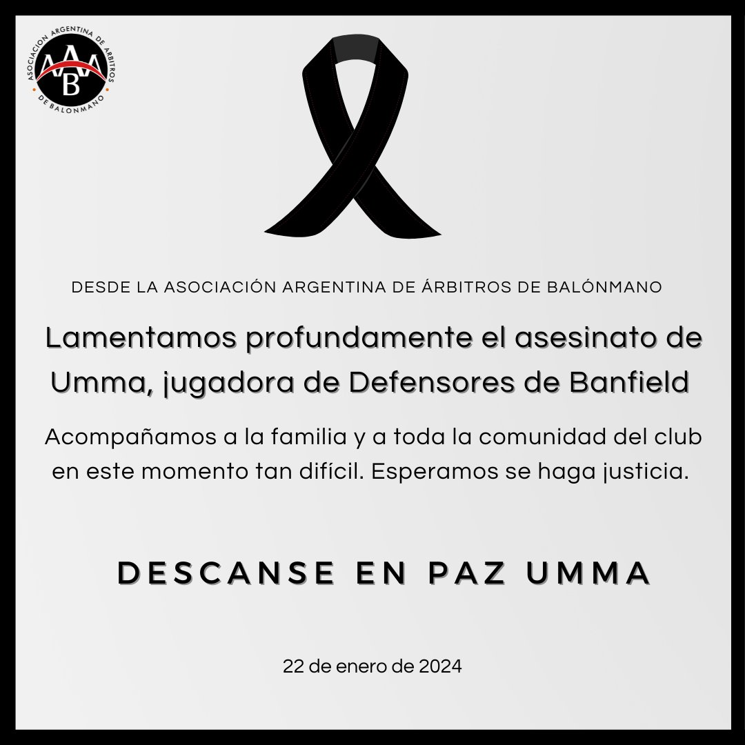 Con mucho dolor lamentamos el asesinato de Umma, jugadora de Defensores de Banfield de tan sólo 9 años. 
 
Nos solidarizamos con su familia. 

No hay consuelo ante este enorme dolor.  Fuerza a toda su familia y amigos. 

¡Justicia por Umma!