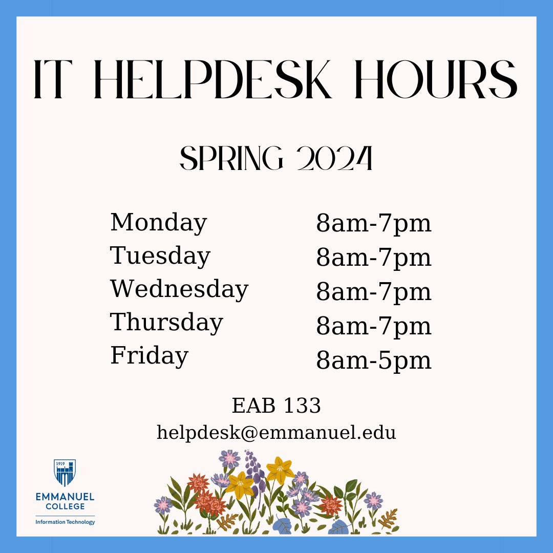 Welcome back from break! Stop by EAB 133 at our posted hours for any tech support needs :)