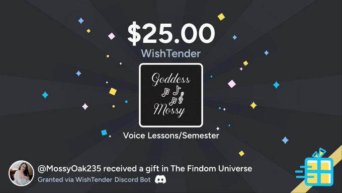 "Dackles" contributed $25.00 to my "Voice Lessons/Semester" wish goal of $275.00 ⚡️☄️☄️🔷  Check out my<a href="/tag/findomdiscord"class="tags"><span>#findomdiscord</span></a>