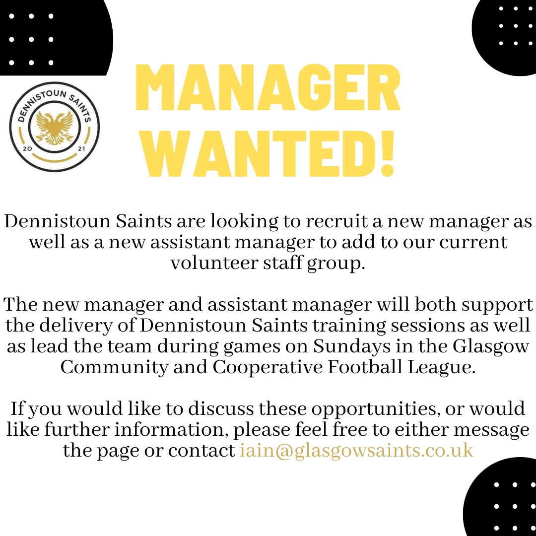 UPDATE - Dennistoun Saints need a new manager, if you are keen to work with the Best Club in Glasgow (self named) we’d love to hear from you. Support for kit and coaching badges is available.
Interested? Email <a href="/__IainChristie/">Iain Christie</a> Iain@glasgowsaints.co.uk