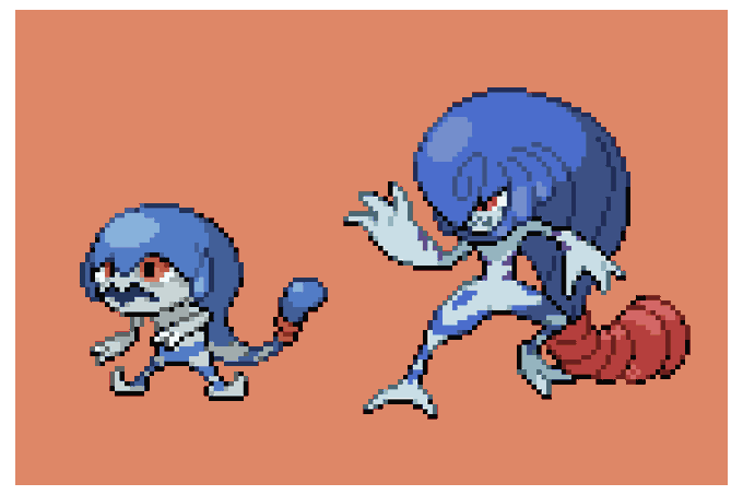 20240123 名前:マールル タイプ:みず  名前:マーマルド タイプ:みず・かくとう #pixelart #fakemon #オリポケ