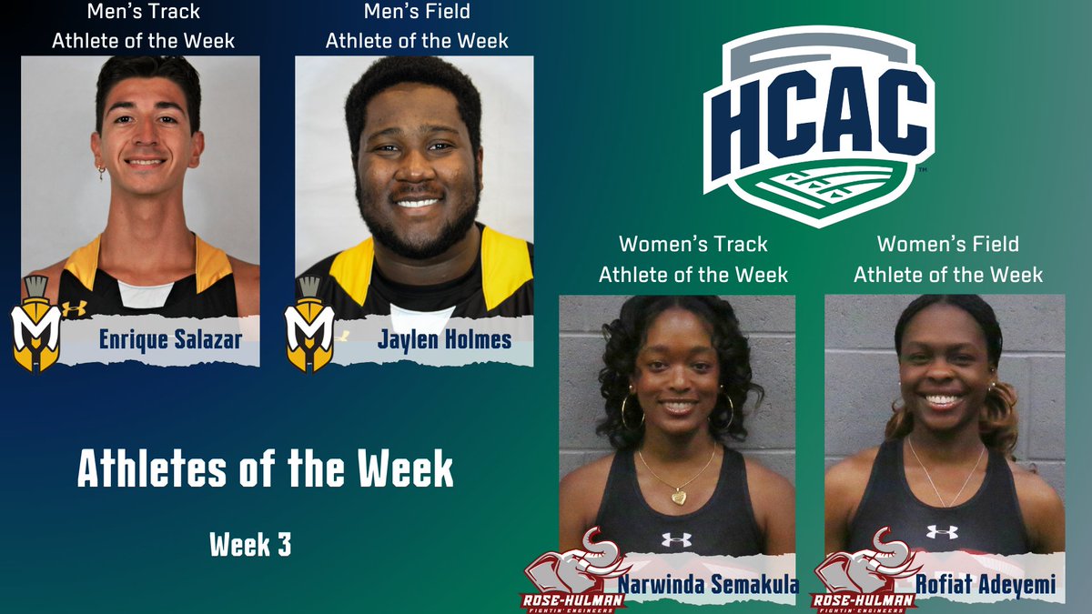 Heartland Collegiate Athletic Conference (@hcacdiii) on Twitter photo HCAC Indoor Track & Field | Athletes of the Week
Congrats:
Men's Track: Enrique Salazar, <a href="/MUSpartans/">Manchester University Athletics</a>
Men's Field: Jaylen Holmes, <a href="/MUSpartans/">Manchester University Athletics</a>
Women's Track: Narwinda Semakula, @RHITsports
Women's Field: Rofiat Adeyemi, @RHITsports
tinyurl.com/mv6v45r2
#TheHeartofD3 | #D3TF HCAC Indoor Track & Field | Athletes of the Week
Congrats:
Men's Track: Enrique Salazar, <a href="/MUSpartans/">Manchester University Athletics</a>
Men's Field: Jaylen Holmes, <a href="/MUSpartans/">Manchester University Athletics</a>
Women's Track: Narwinda Semakula, @RHITsports
Women's Field: Rofiat Adeyemi, @RHITsports
tinyurl.com/mv6v45r2
#TheHeartofD3 | #D3TF