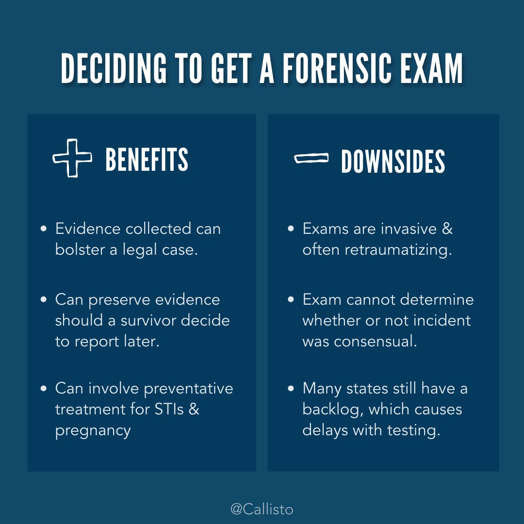 callisto's tweet photo. There is no right or wrong way to respond following a #SexualAssault. This includes deciding whether or not to get a forensic exam (often referred to as a #rapekit). Instead of pressuring survivors to take specific action, we should be helping them understand their options. https://t.co/z3vkwXdfIY