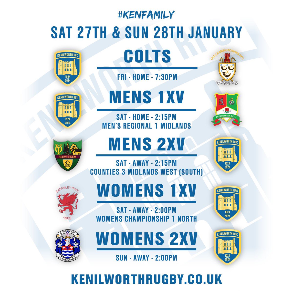 kenilworthrugby's tweet photo. Here are your fixtures for the weekend, Ken fans! 💙💛

All support welcome, come on you Ken’s!!💙💛💙💛

#kenfamily 
#blueandgold
#bigweekend
#buildthecastle https://t.co/tC2Tx4AXjT