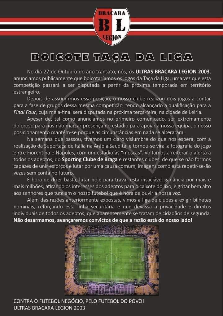 📢 | Bracara Legion volta a reforçar Boicote à Taça da Liga, em comunicado.

▪︎ Grande parte dos adeptos juntou-se ao Boicote, pelo que a adesão à meia final de amanhã, em Leiria, é muito fraca no lado do SCB.