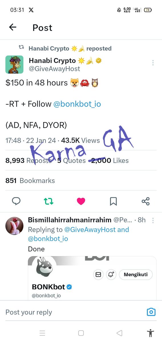 Karna_GA's tweet photo. @GiveAwayHost @bonkbot_io Done https://t.co/pC78chN6ML