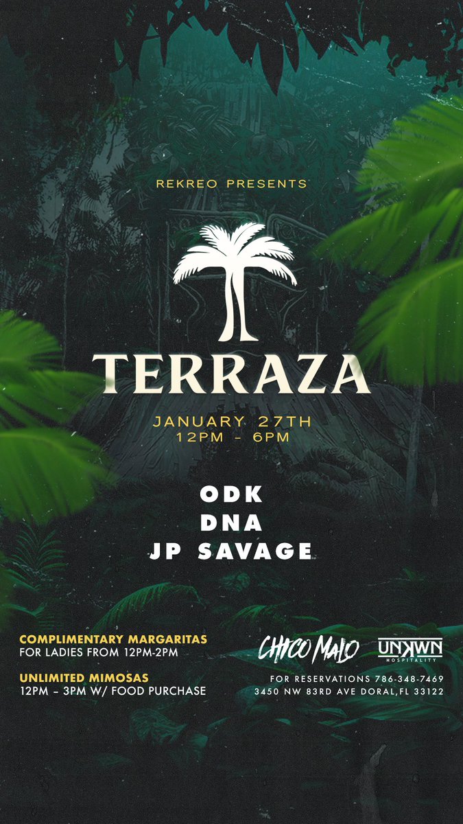 rekreolive's tweet photo. See You Guys This Saturday 🌴

Terraza @ODKofficial x @DNAofficials 

Free Margaritas From 12-2PM 
Unlimited Mimosas From 12-3PM 

Day Party / Tech Brunch https://t.co/bDbu8Vr9CX