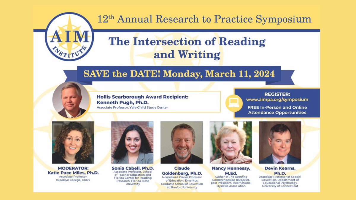 Save the date 📆 Be sure to add the #AIMSymposium2024 on 3/11/24 to your calendar. Join #literacy experts including <a href="/devin_kearns/">Devin Kearns</a>, @soniacabell, &amp; <a href="/KPMilesPhD/">Katharine Pace Miles, Ph.D.</a> to learn about "The Intersection of Reading and Writing." Recordings Available. bit.ly/3RTJuTA
