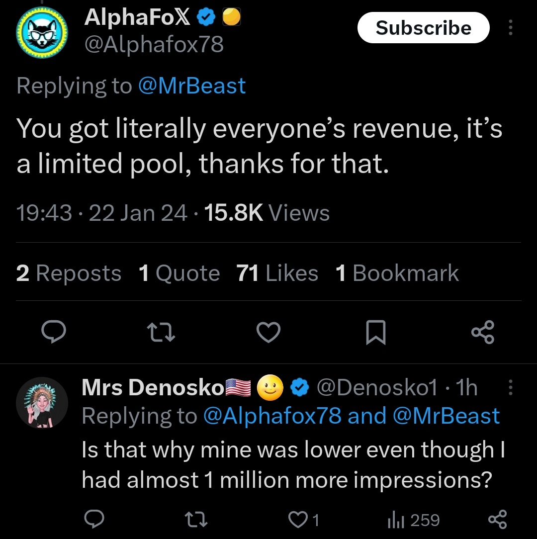 steinkobbe's tweet photo. Mrbeast recognised it as a facade but I think he's misjudging what happened. No one paid for ads under his tweet, Twitter just pushed his tweet as an unpaid ad, as has been documented, and he was paid a larger share of the ad revenue while everyone else got less https://t.co/u6mqzxJfWF