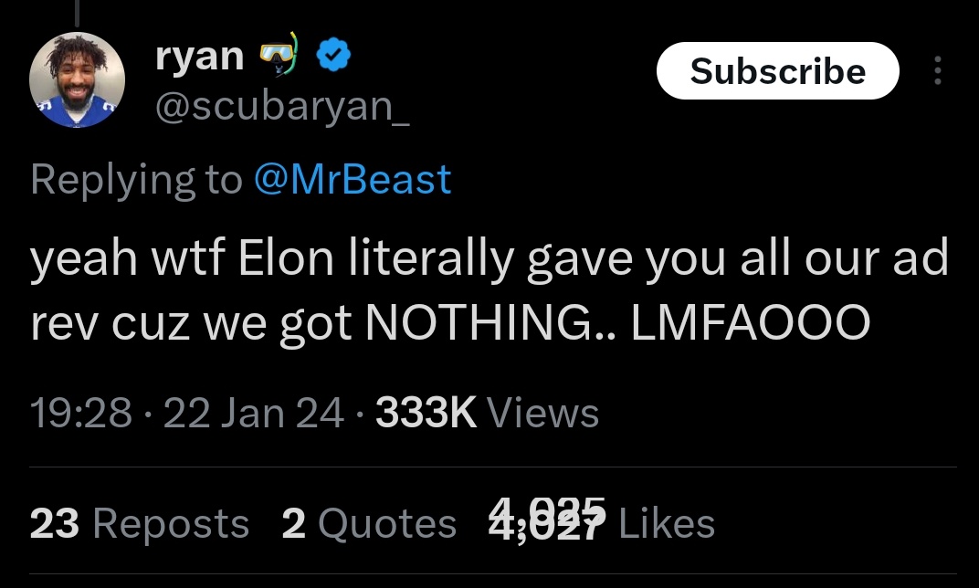 steinkobbe's tweet photo. Mrbeast recognised it as a facade but I think he's misjudging what happened. No one paid for ads under his tweet, Twitter just pushed his tweet as an unpaid ad, as has been documented, and he was paid a larger share of the ad revenue while everyone else got less https://t.co/u6mqzxJfWF