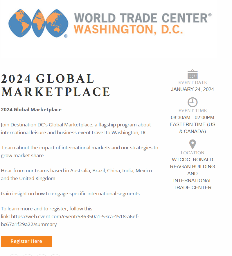 Join @ReaganITCDC (#WTCDC) for the 2024 Global Marketplace to learn about #international markets. Hosted by @destinationdc, the event will take place Wed, Jan 24 @ 08:30-14:00 EST. Register: bit.ly/3OfrPn4. #GlobalTrade #ConnectingBusinessesGlobally