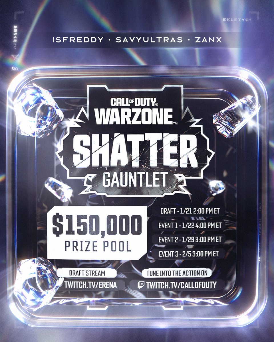 Ekletyc's tweet photo. Questa sera, ore 22, il nostro @isfreddy_, @savyultras e @ZANX_tv parteciperanno su invito allo Shatter Gauntlet da $150k organizzato da @Activision ed @erenaGG. ๐ฎ๐น
Clicca qui per seguire la live:
https://t.co/00eRNdrcXY
#beyondanylogic https://t.co/qVy6ej9TIG