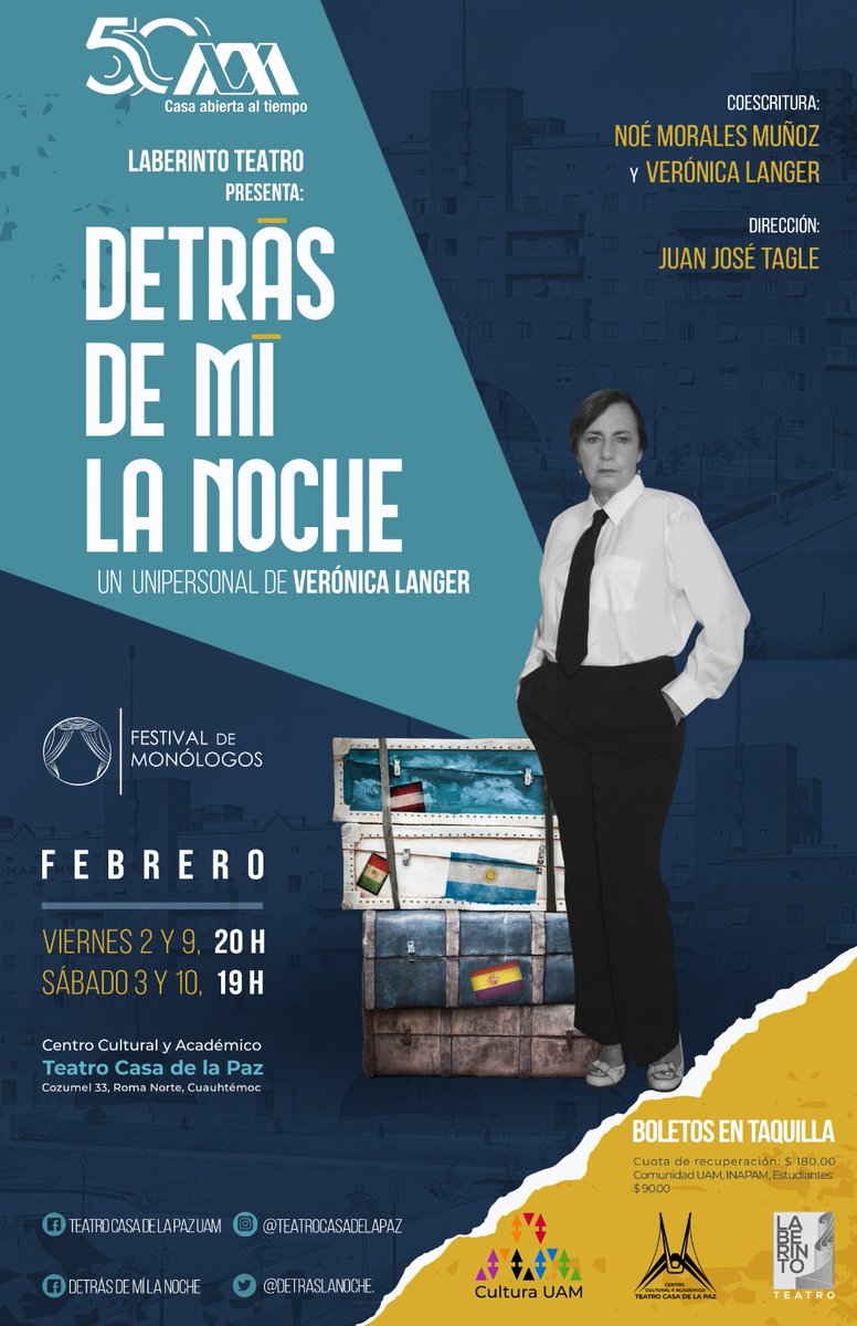 ✨Regresamos al teatro con #DetrásDeMíLaNoche, acompáñennos a esta corta temporada.

📅 Viernes 2 y 9 de febrero, 20 hrs.
📅 Sábado 3 y 11 de febrero, 19 hrs.
📌 Teatro Casa de la Paz.
Cuota de recuperación $180.00, comunidad UAM, INAPAM y estudiantes $90.00
🎟️Boletos en taquilla