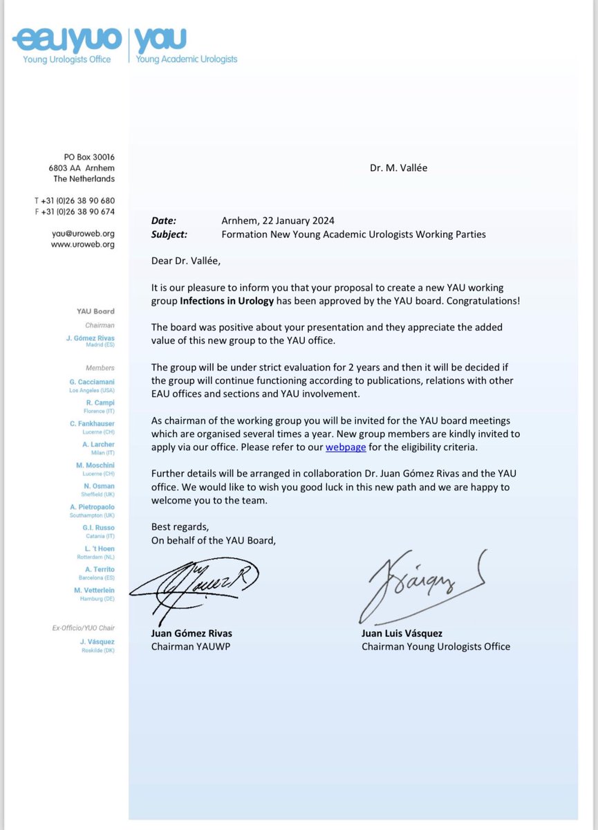 🎉 🤩Super excited about the launch of a YAU working group focusing on infections in urology! 🦠🩺 Thanks to @JGomezRivas, @JLVasquez82, @EAUYAUrology @eau_yuo for your trust and your support! 💪🙏 @Uroweb @BenjaminPradere @BPeyronnet @gautiermarcq @afufuro @AFUrologie @ESIUeau