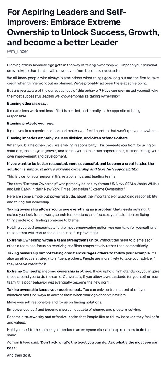 TheMarcL's tweet image. For Aspiring Leaders and Self-Improvers: Embrace Extreme Ownership to Unlock Success, Growth, and become a better Leader

Unleash Your Potential: Discover the Power of Extreme Ownership.

#Ship30For30 #JOCKO #Ownership