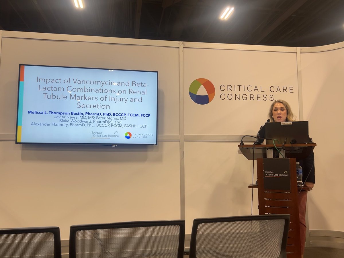 UKHC MICU pharmacist @mtbastin presenting on the impact of vanc + beta lactam combinations on renal tubule markers of injury secretion @SCCM Critical Care Conference #SCCM2024 - collaboration w @AFlanneryPharmD @javo_neyra and PY4 @UK_COP Blake Woodward