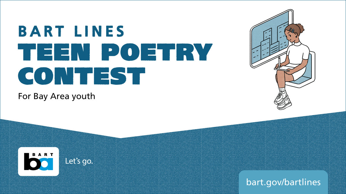 SFBART's tweet image. Sharpen your pencils: BART Lines is back. And this time, we want to hear from local teen poets.

The BART Lines Teen Poetry Contest opens for submissions on Friday, Feb. 9.

More info: bart.gov/news/articles/…

Contest page: bart.gov/bartlines