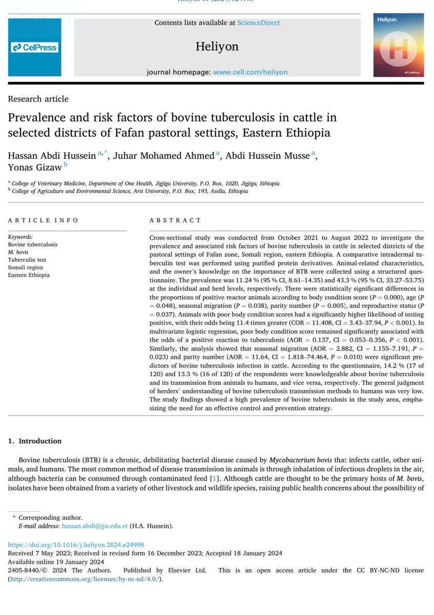 HCurub's tweet photo. At long last, we are pleased to announce the publication of our article addressing bovine tuberculosis in cattle from the pastoral areas of the Somali Region. Please find the complete article below.

https://t.co/VLBpcQzBtD https://t.co/sBwvUf7pLV