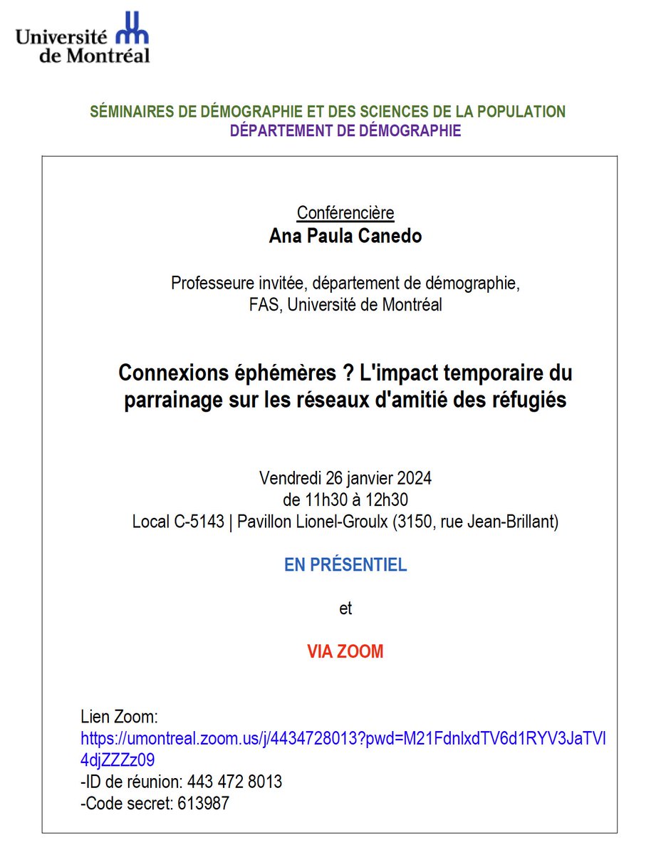 Démographie UdeM (@demo_udem) on Twitter photo Ce vendredi 26 jan à 11h30, <a href="/ana_canedog/">Ana Paula Cañedo, Ph.D.</a>, la prof. invitée <a href="/Demo_UdeM/">Démographie UdeM</a>, présente « Connexions éphémères ? L'impact temporaire du parrainage sur les réseaux d'amitié des réfugiés ». Soyez nombreux via Zoom ou en présentiel (C-5143).
Lien Zoom et calendrier: bitly.ws/VVAx Ce vendredi 26 jan à 11h30, <a href="/ana_canedog/">Ana Paula Cañedo, Ph.D.</a>, la prof. invitée <a href="/Demo_UdeM/">Démographie UdeM</a>, présente « Connexions éphémères ? L'impact temporaire du parrainage sur les réseaux d'amitié des réfugiés ». Soyez nombreux via Zoom ou en présentiel (C-5143).
Lien Zoom et calendrier: bitly.ws/VVAx