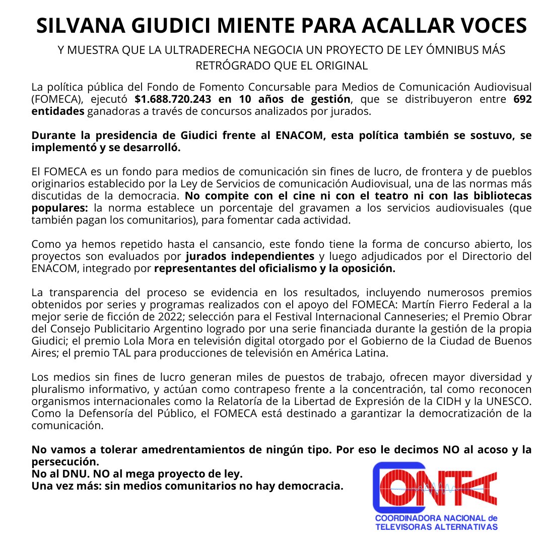 sipreba's tweet photo. Los medios cooperativos, comunitarios, populares son fundamentales para la pluralidad de voces en la democracia. El FOMECA y la @DefdelPublico son claves para su sustentabilidad, parte de una las leyes más consensuadas de la historia. 
📣Sin medios comunitarios no hay democracia. https://t.co/EX4tzExUFN