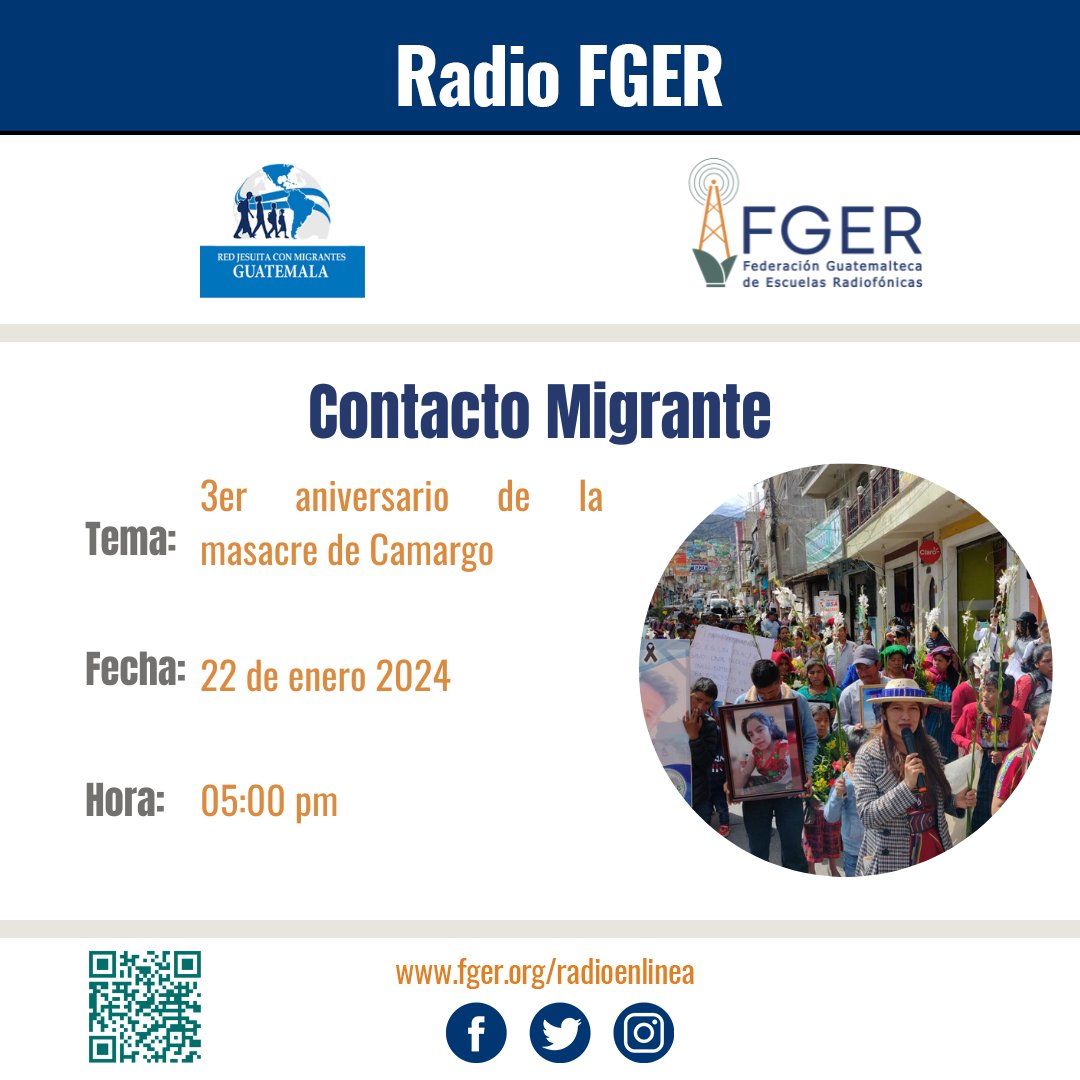 ConMigrante's tweet photo. Les invitamos a escuchar el programa @ConMigrante en donde conversaremos con familiares de las victimas de la masacre de camargo. 
📻@crfger y sus diferentes emisoras socias
🕢 17:00 hrs.
🗓️ 22 de enero
#Migración #PersonasMigrantes #MasacreCamargo #Familiares #Masacre https://t.co/FHQSnuwulq